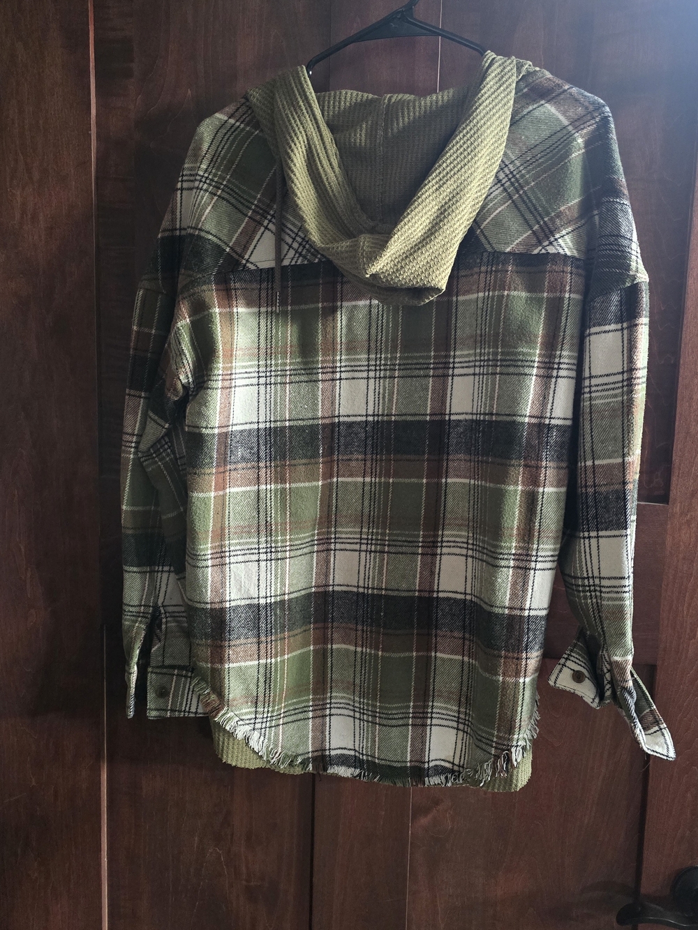 Women's Olive Green Plaid Hooded Button-Up Shirt - Picture 2 of 3